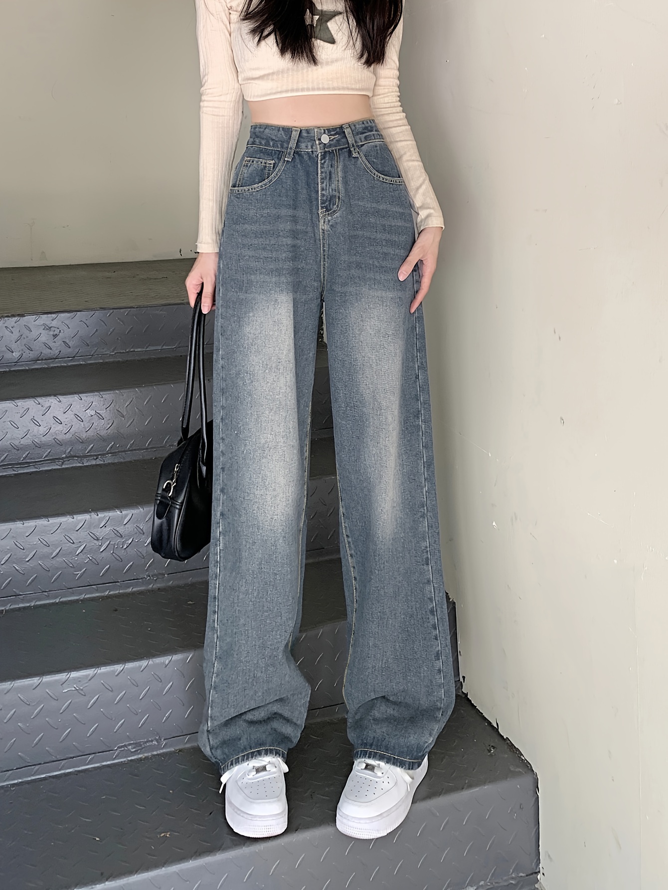 Jeans Women Loose Wide Leg Jean Retro Streetwear Blue High Waist