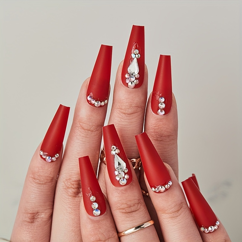 Red Nails With Rhinestones - Temu Philippines