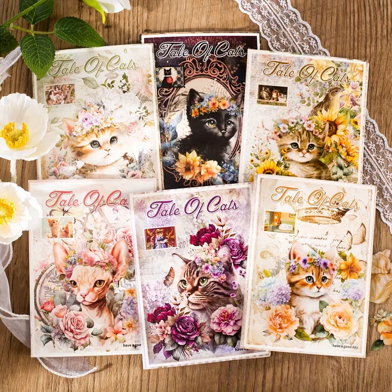 6 Styles Cat's Words Series Cat Journal Collage Material - Temu