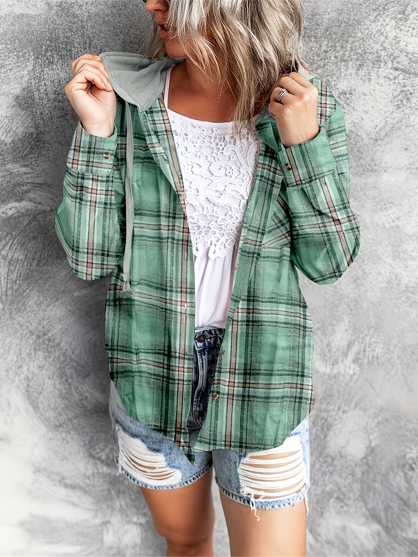 Womens Green Plaid Long-Sleeve Shirt