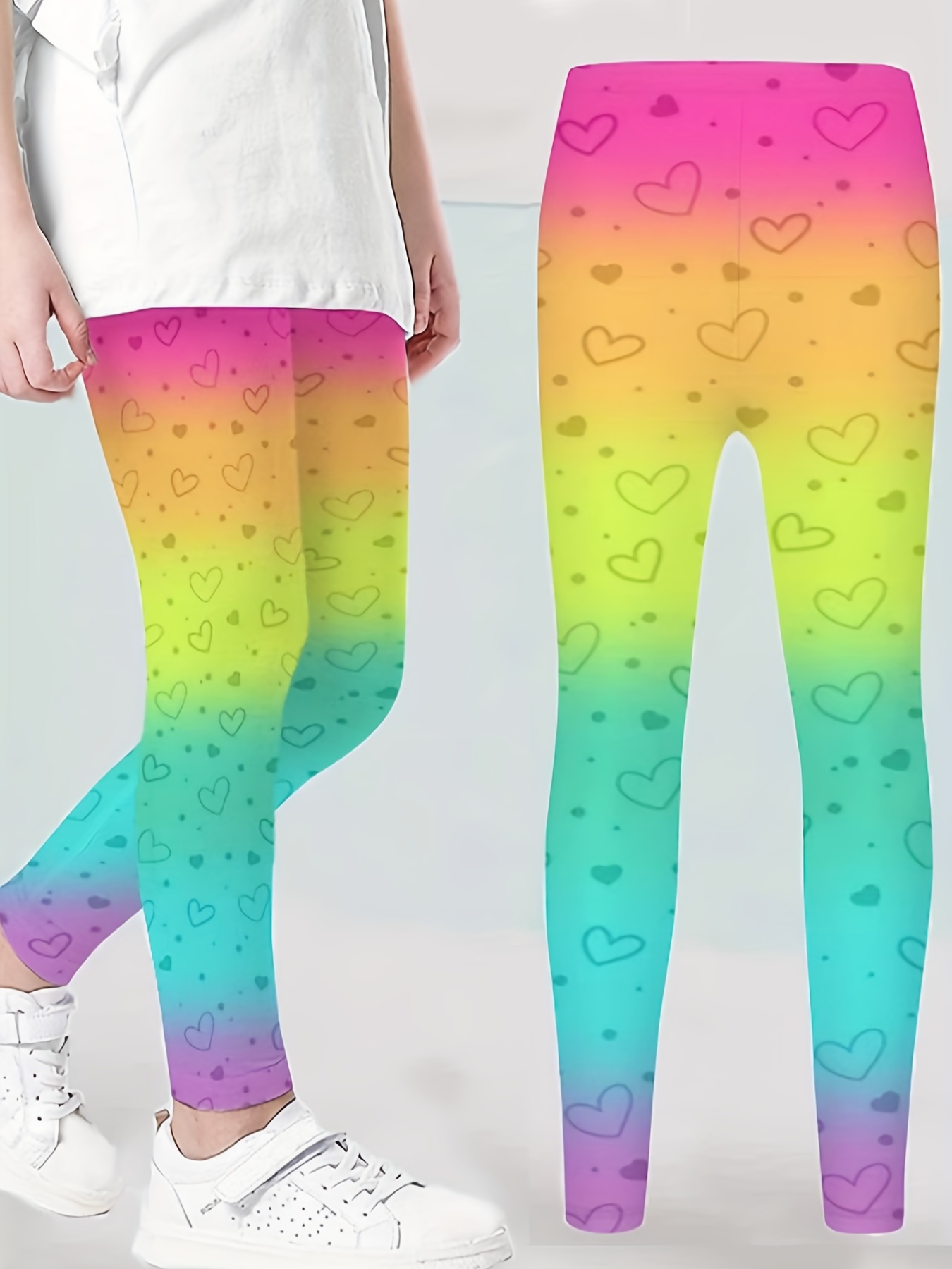 Rainbow Color Leggings Girls Cute Heart Graphic Pants Kids Gift Birthday