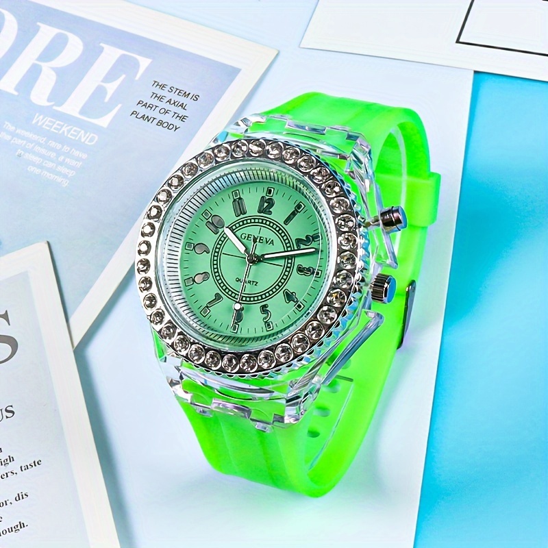 luminous student electronic watch for students rhinestone couple watch new years gift green 17