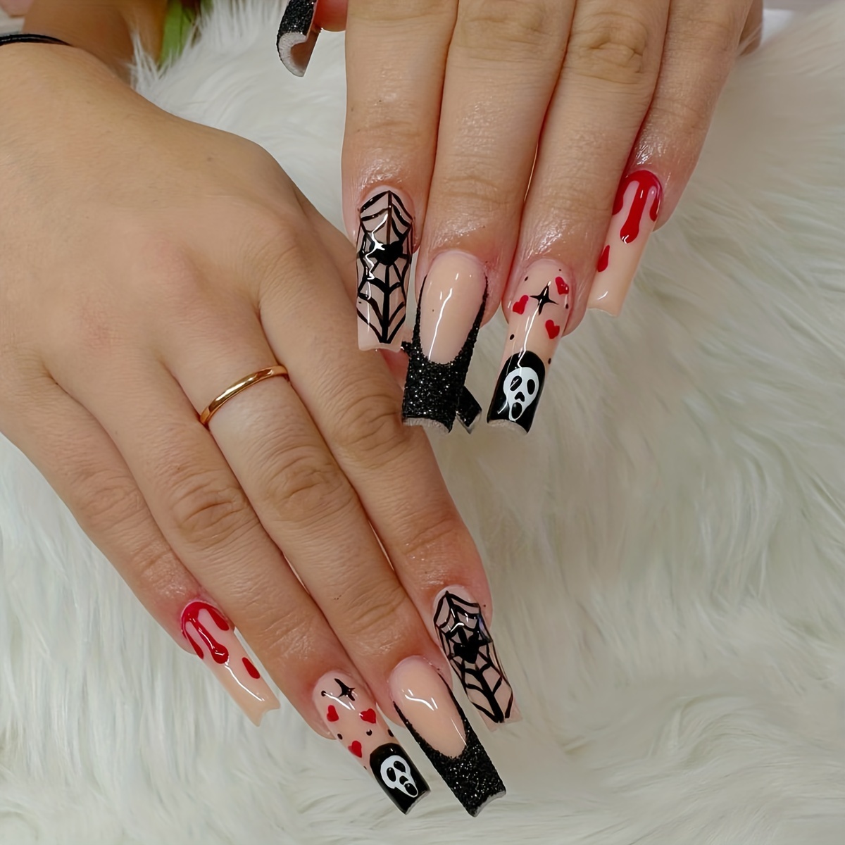 White French Tip Fake Nails, Halloween Glitter Press On Nails With Cute  Heart Spider Web Design, Glossy Glue On Nails Full Cover Long Coffin False Nails  For Women Girls - Temu