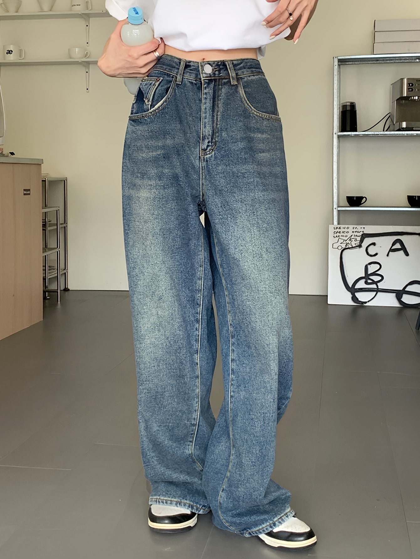 Jeans Holgados * Jeans Anchos Lavados Con Piernas Rectas, Jeans Y Ropa De  Mezclilla Para Mujer