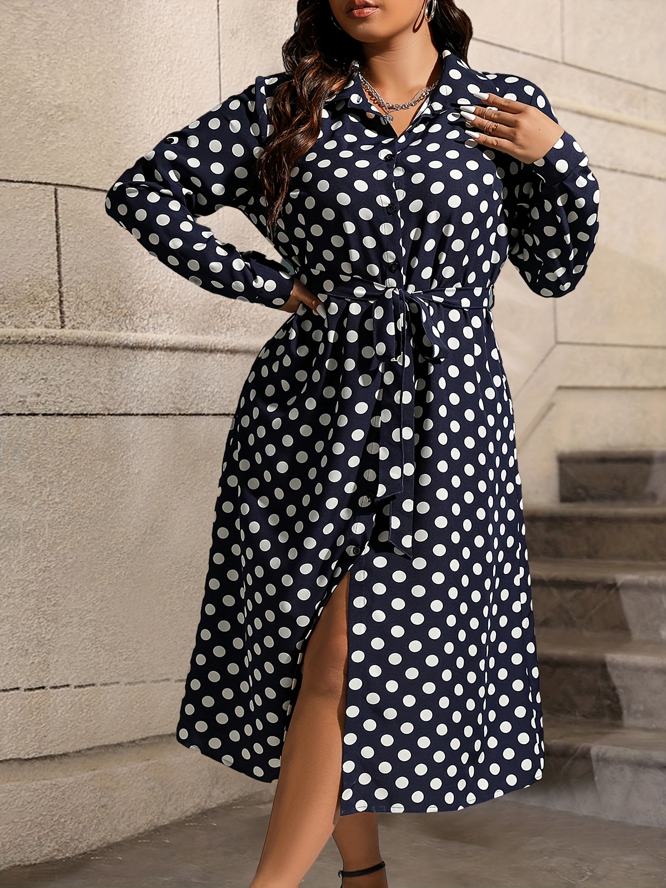 Plus Size Navy Blue Long Shirt Dress With Belt