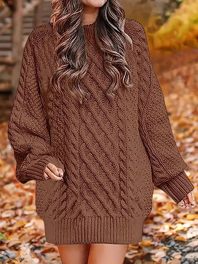 Cable Knit Sweater Dress Casual Solid Long Sleeve Dress - Temu Canada