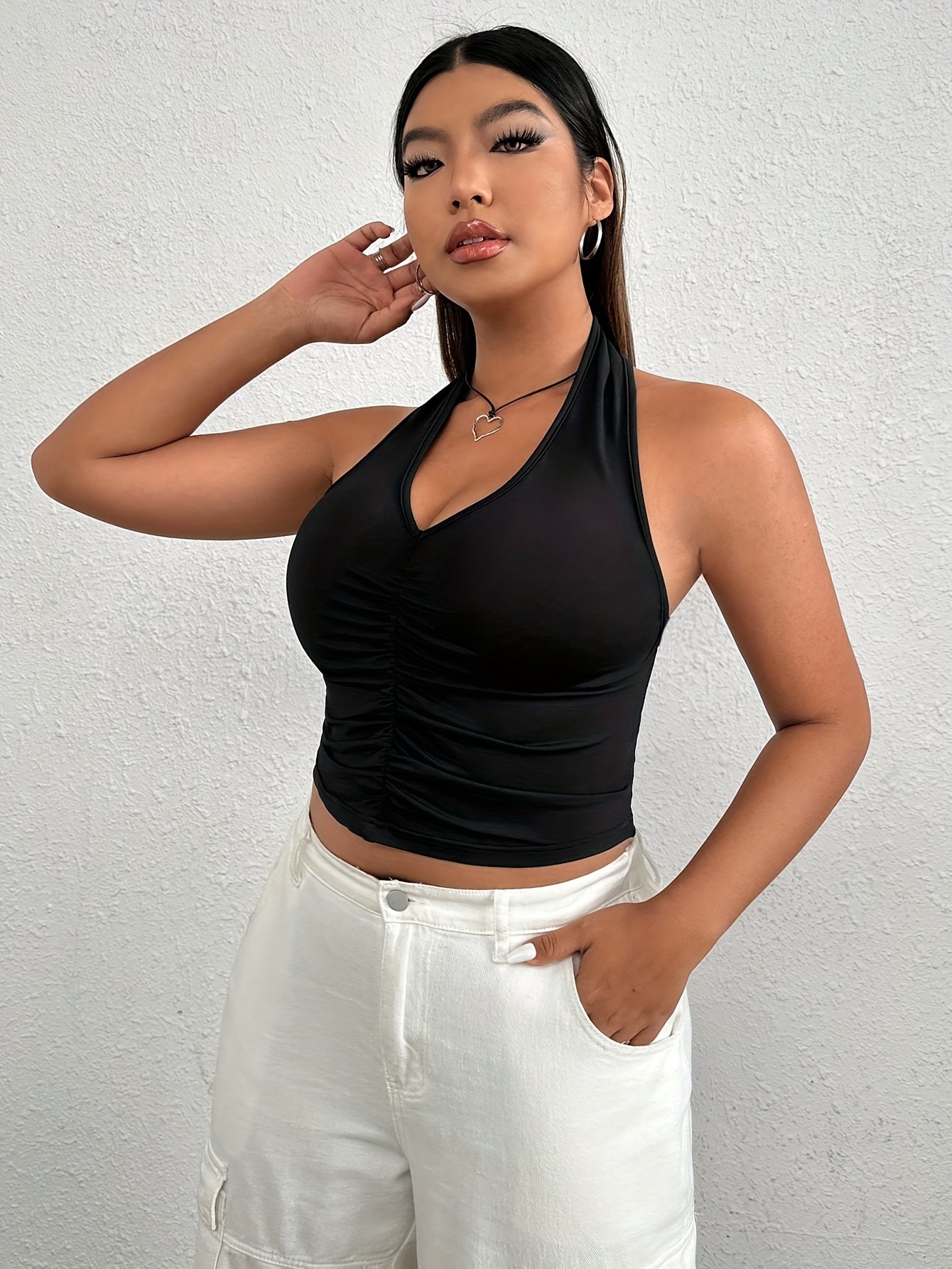 Plus Size Casual Tank Top Women's Plus Solid Ribbed Halter - Temu