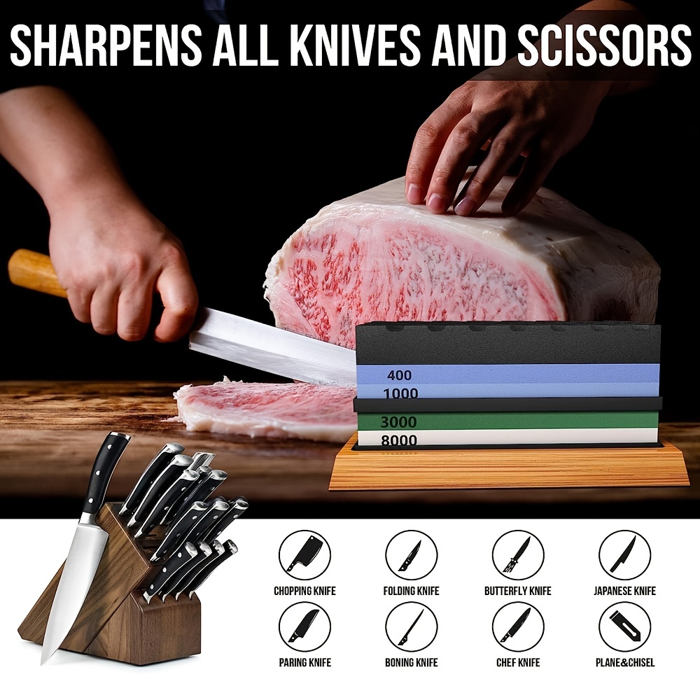 Knife Sharpening Stone Kit, 4 Side Grit 400/1000 3000/8000 Whetstone,  Professional Whetstone Knife Sharpener Set Includes Polishing Compound,  Bamboo