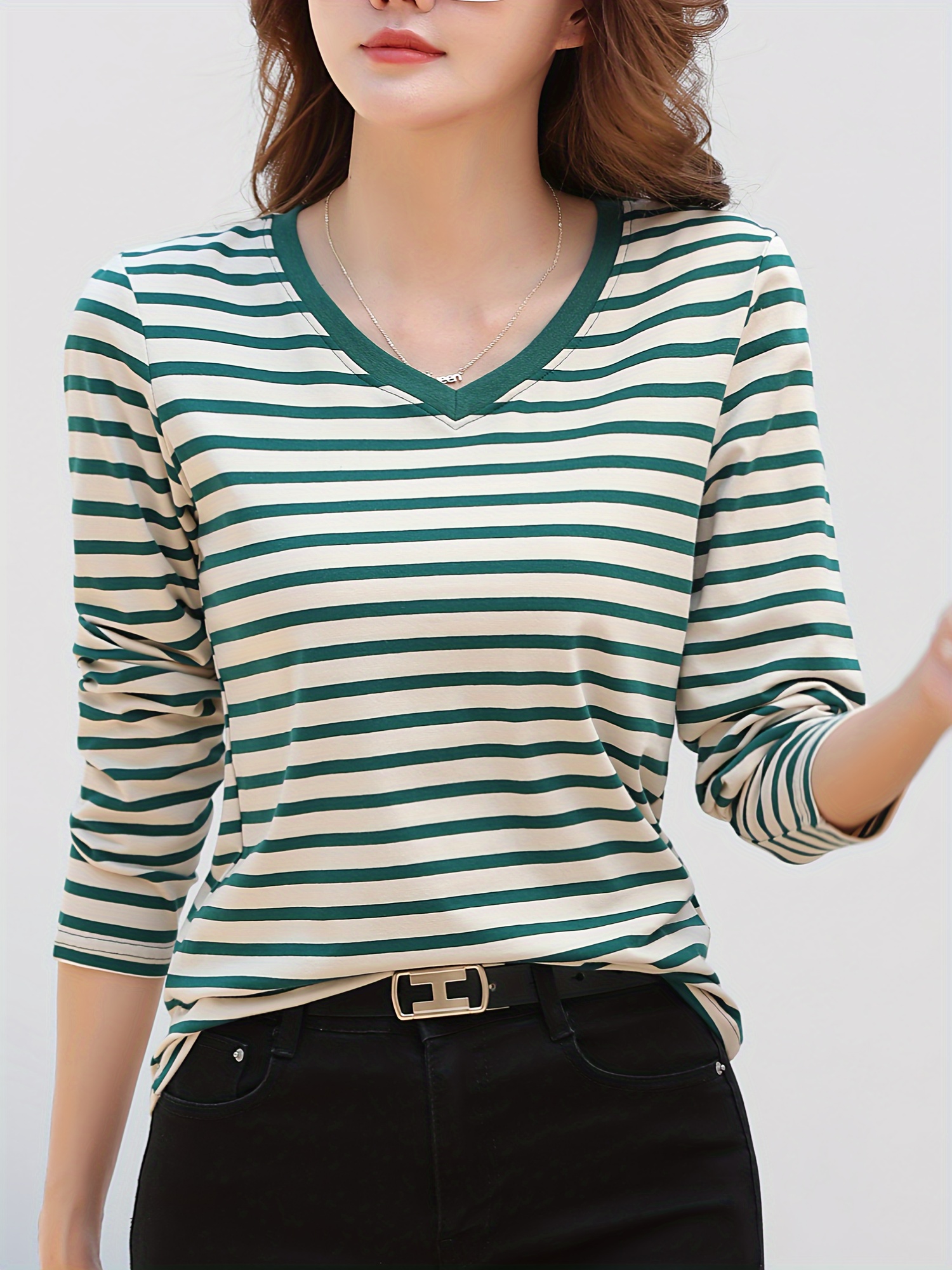 striped long sleeve t shirt v neck casual top for spring fall womens clothing green 1