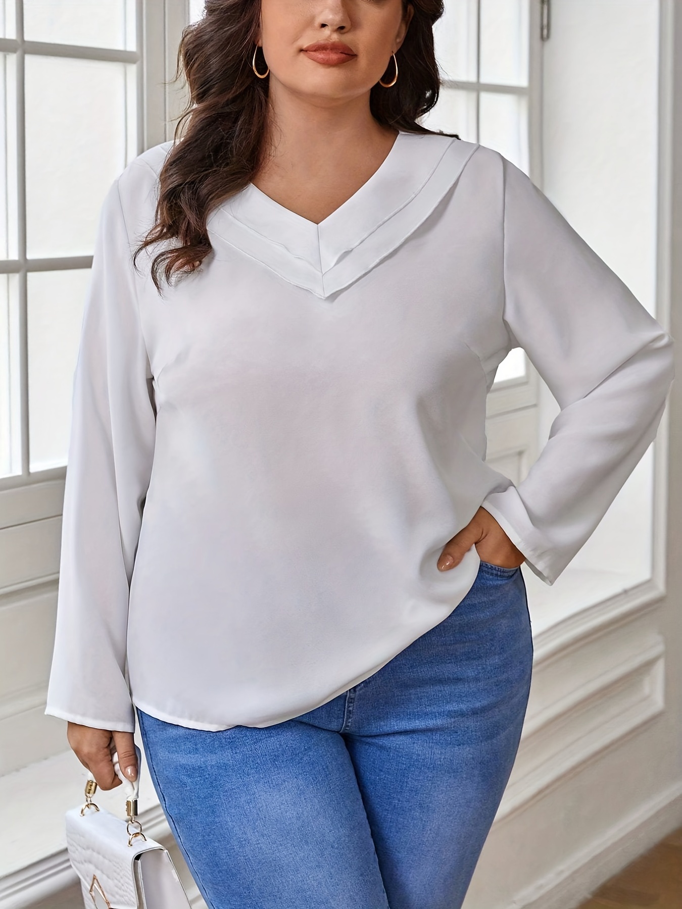 Plus Size Basic Top Women's Plus Solid Ribbed Long Sleeve - Temu Canada