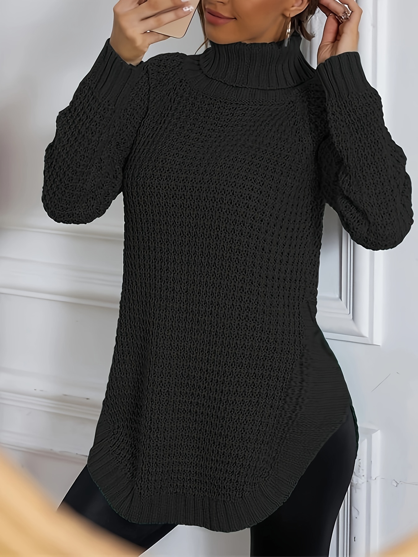 Plus Size Casual Knit Top, Women's Plus Solid Long Sleeve Turtleneck Curve  Hem High Stretch Sweater