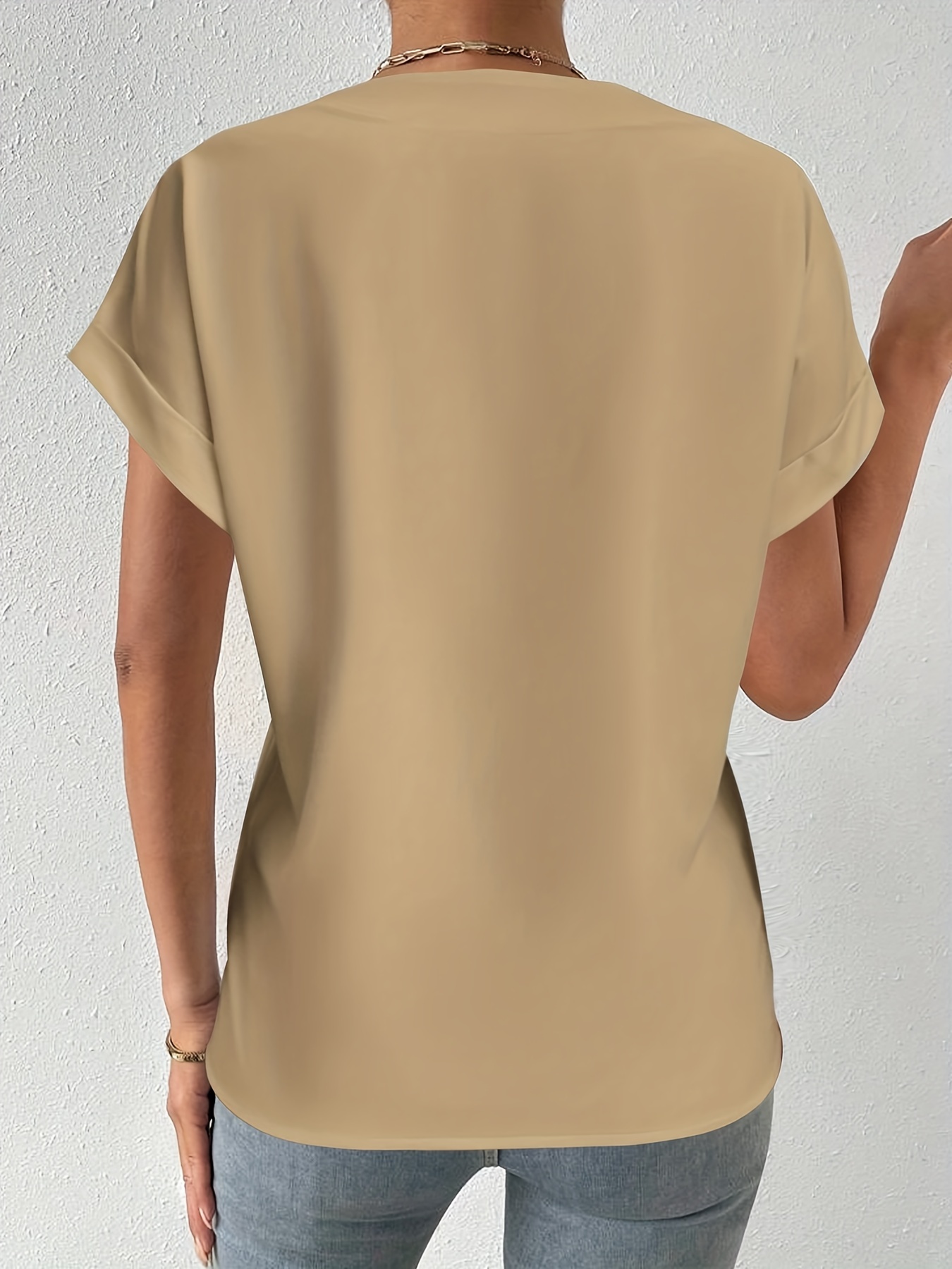Blusa lisa com decote chanfrado blusa casual de manga curta - Temu Portugal