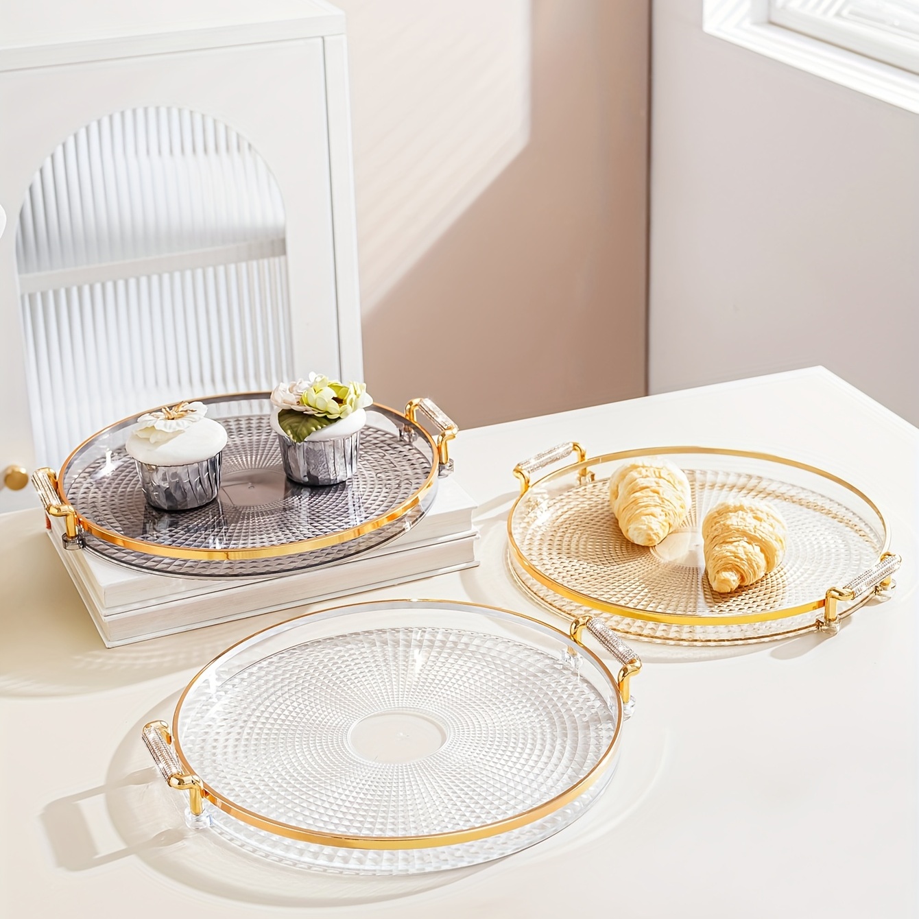 Modern Amber Platters With Golden Handles Perfect For Coffee