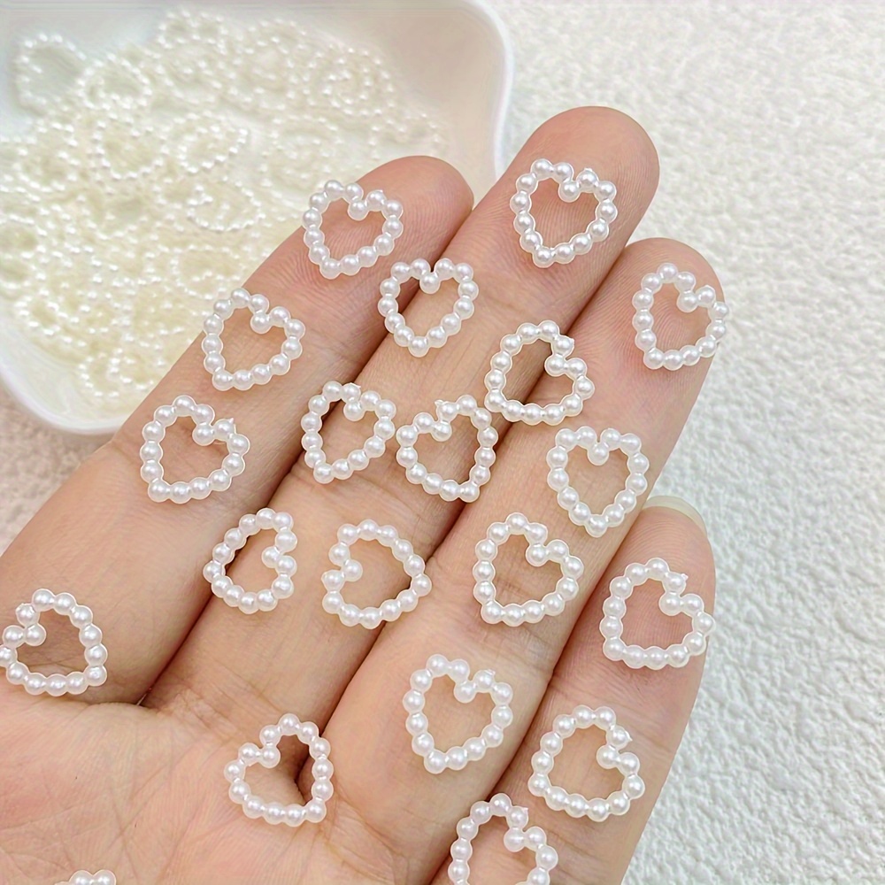 500 dijes de perlas de corazón para uñas acrílicas, 3D blanco marfil  multiformas, cuentas huecas de corazón sólido con parte trasera plana,  lindas