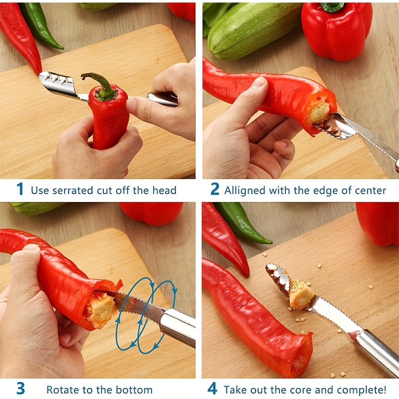 1pc Stainless Steel Pepper Cutter For Outdoor Camping Picnic Barbecue,  Household Pepper Vegetable Tomato Slicer Seed Removal