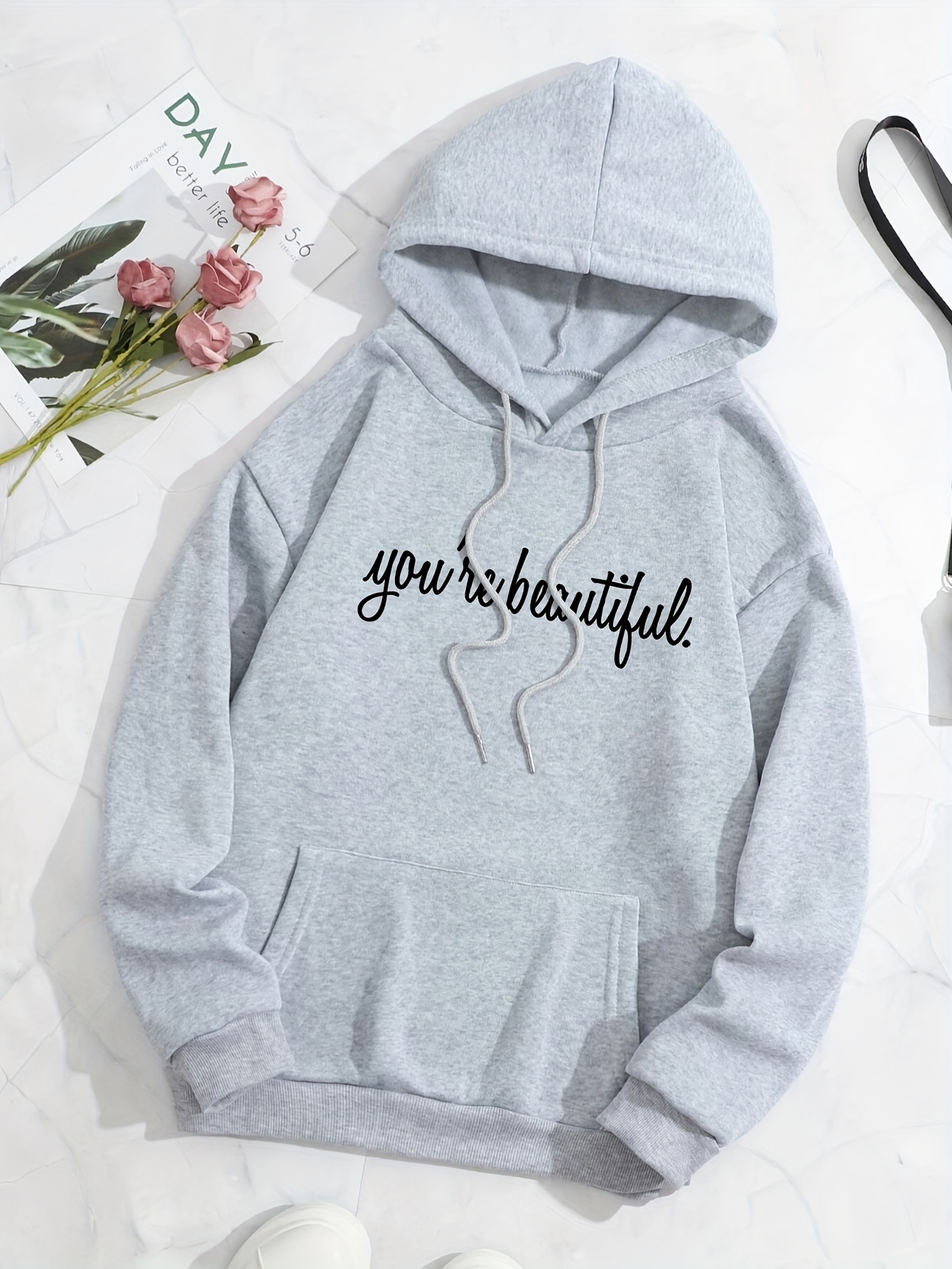 Letter Print Hoodie Drawstring Casual Hooded Sweatshirt For - Temu