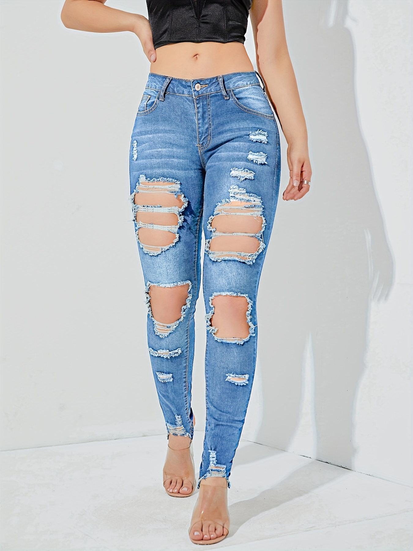 Ripped Jeggings for Women High Waisted Stretch Distressed Light Blue Jeans  Sliin Fit Denim Pants with Pockets, Blue, X-Large : : Clothing,  Shoes & Accessories