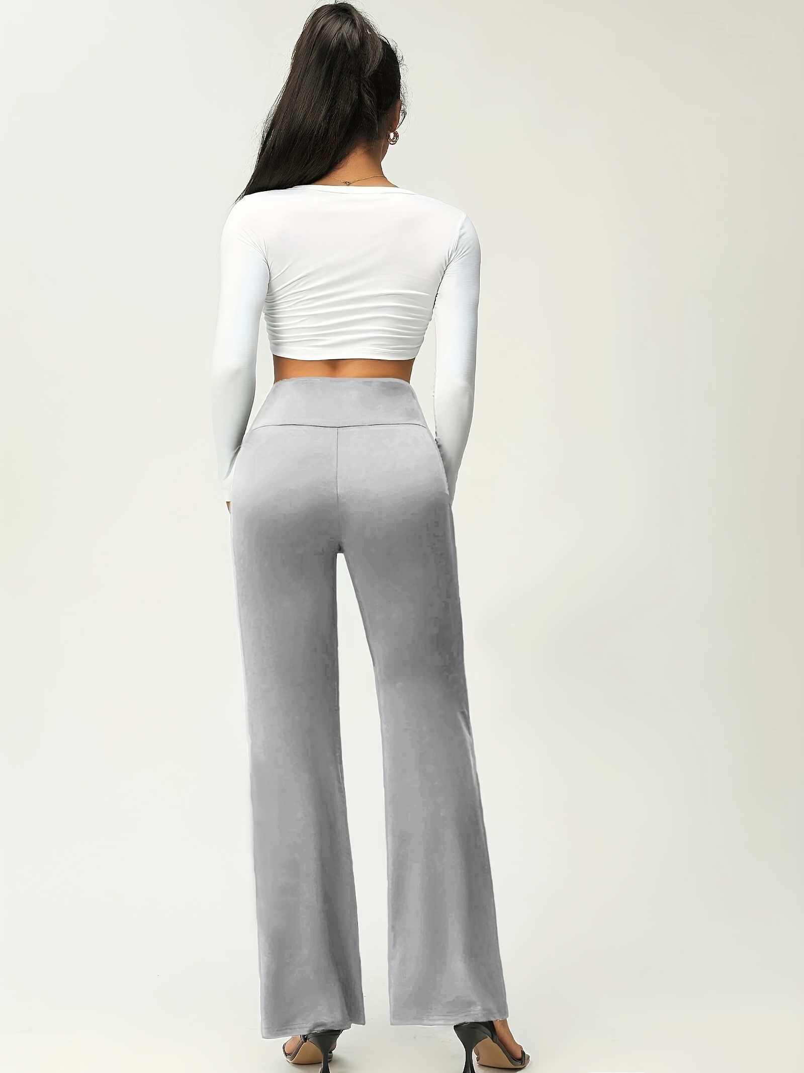 Solid Flare Leg Pants Elegant Stretchy High Waist Pants Work