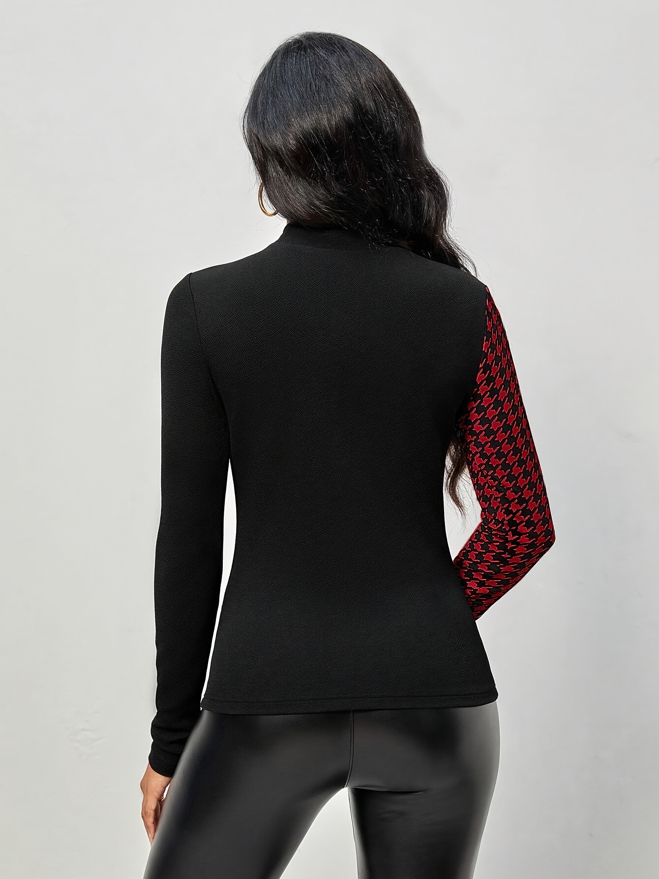 Tričko S Potiskem Houndstooth S Výstřihem, Elegantní Úzký Top S Dlouhým Rukávem Na Knoflíky, Dámské Oblečení