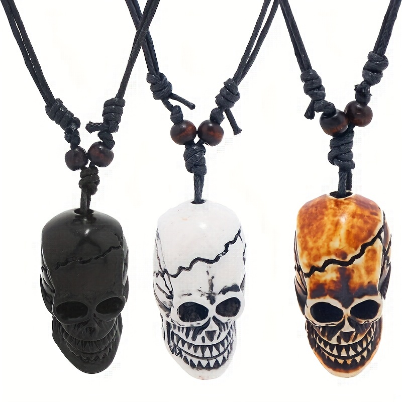 Men's Adjustable Wax Thread Carved Skull Resin Necklace - Temu