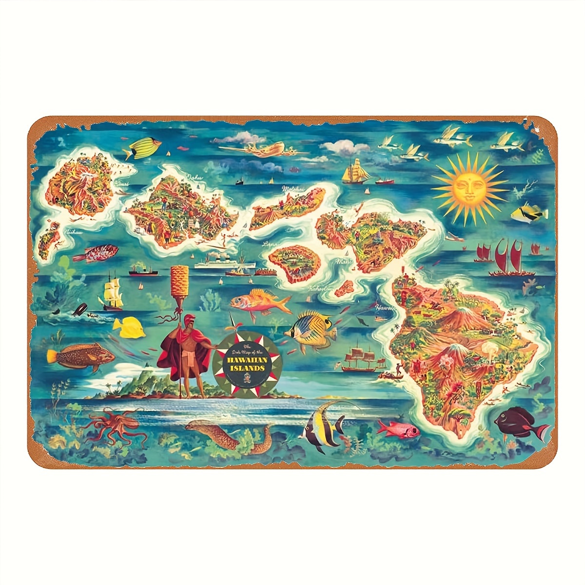 

1pc The Map Of The Hawaiian Islands - Vintage Pictorial Map By 1950s - Metal Tin Sign Vintage Art Decorative Mural/iron Sheet Painting. 8 X 12 Inch - Tinplate