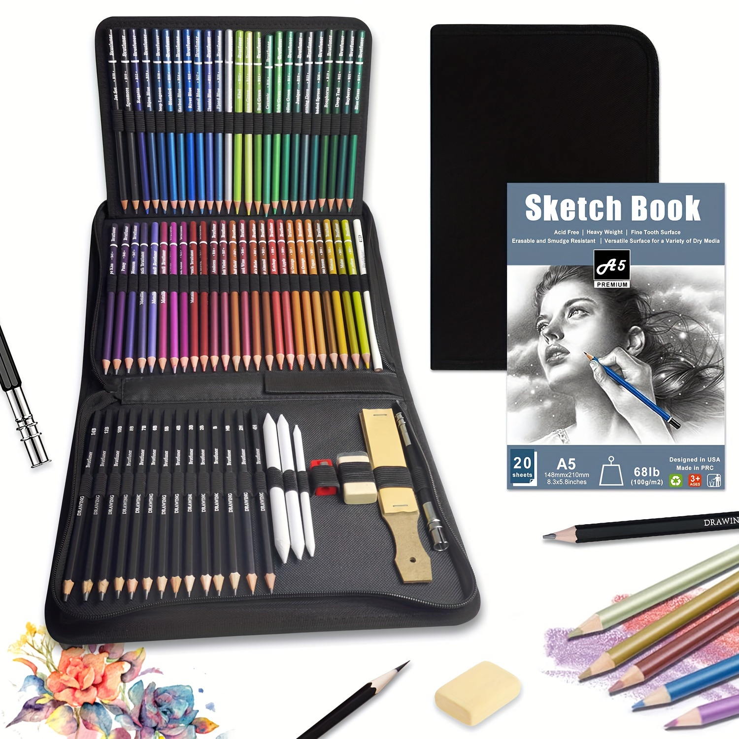 Paquete de 50 kits de bocetos de dibujo, suministros de bocetos de arte  profesional con cuaderno de bocetos de 3 colores, grafito y lápices de  carbón