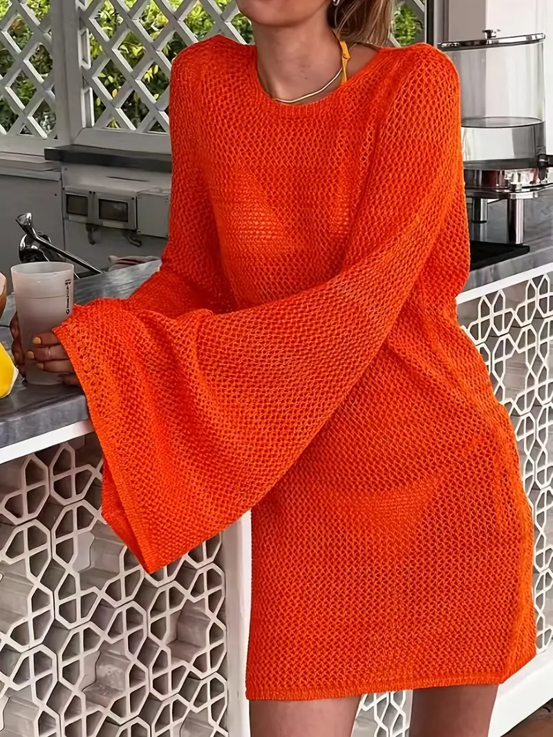 Women's Crochet Colorful Mesh Long Sleeve Mini Dress - Striped Beach Cover Up, Summer Knit Dress Crochet Dress Women's Crochet Colorful Mesh Long Sleeve Mini Dress - Striped Beach Cover Up, Summer Knit Dress Crochet Dress