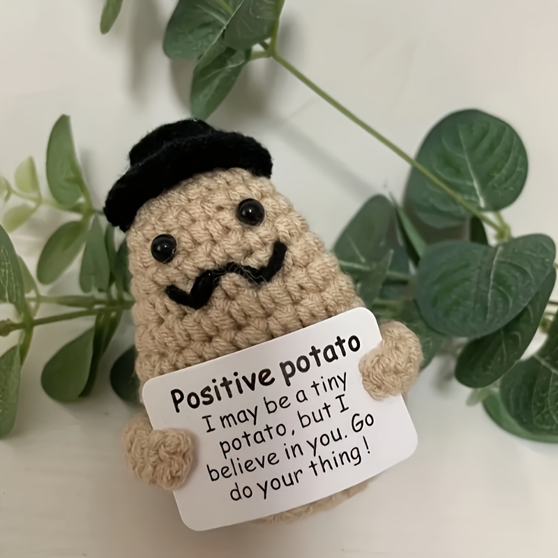  Mini Funny Positive Potato with Wood Base, 3 inch Knitted  Potato Toy with Positive Card Creative Cute Wool Positive Potato Crochet  Doll Cheer Up Gifts for Friends Party Decoration Encouragement 