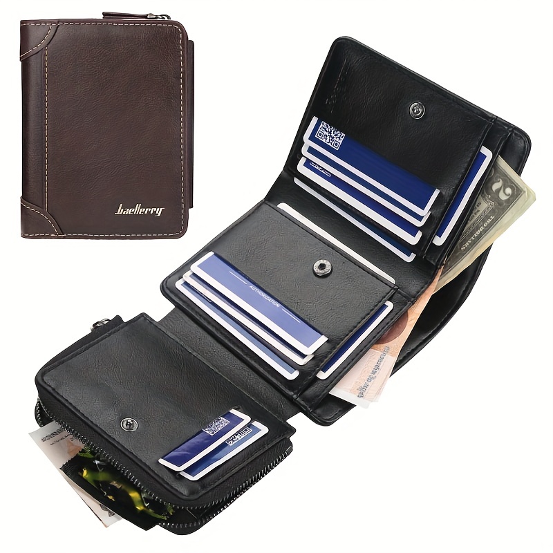 

Men's Trifold Wallet, Vertical Snap Button Short Wallet With Zipper Coin Purse, Money Clip Multi-card Card Holder, Ideal Gift For Men