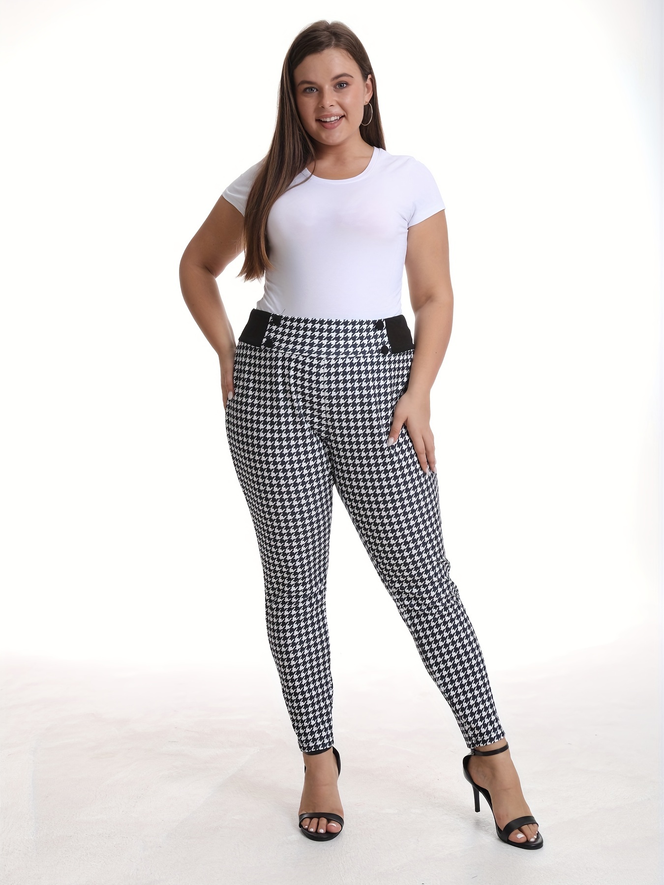 Houndstooth Pattern Double Breasted Skinny Pants - Plus Size