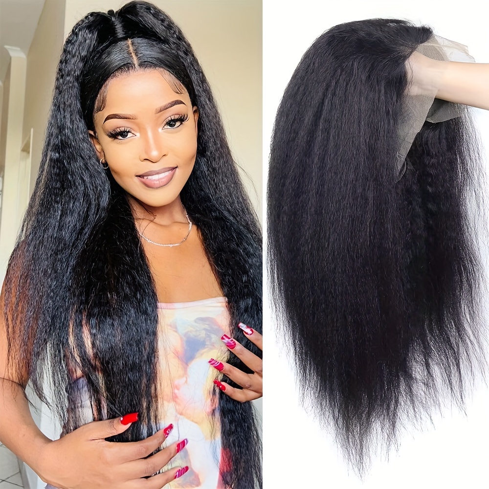 

Long Yaki Straight Wig Black Wig Human Hair Wig Kinky Straight 13x4x1 T Part Lace Wig With Baby Hair Heat Resistant Middle Part Wig Natural Looking For Women