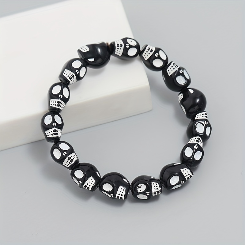 Unisex Halloween Black And White Beaded Bracelet - Temu
