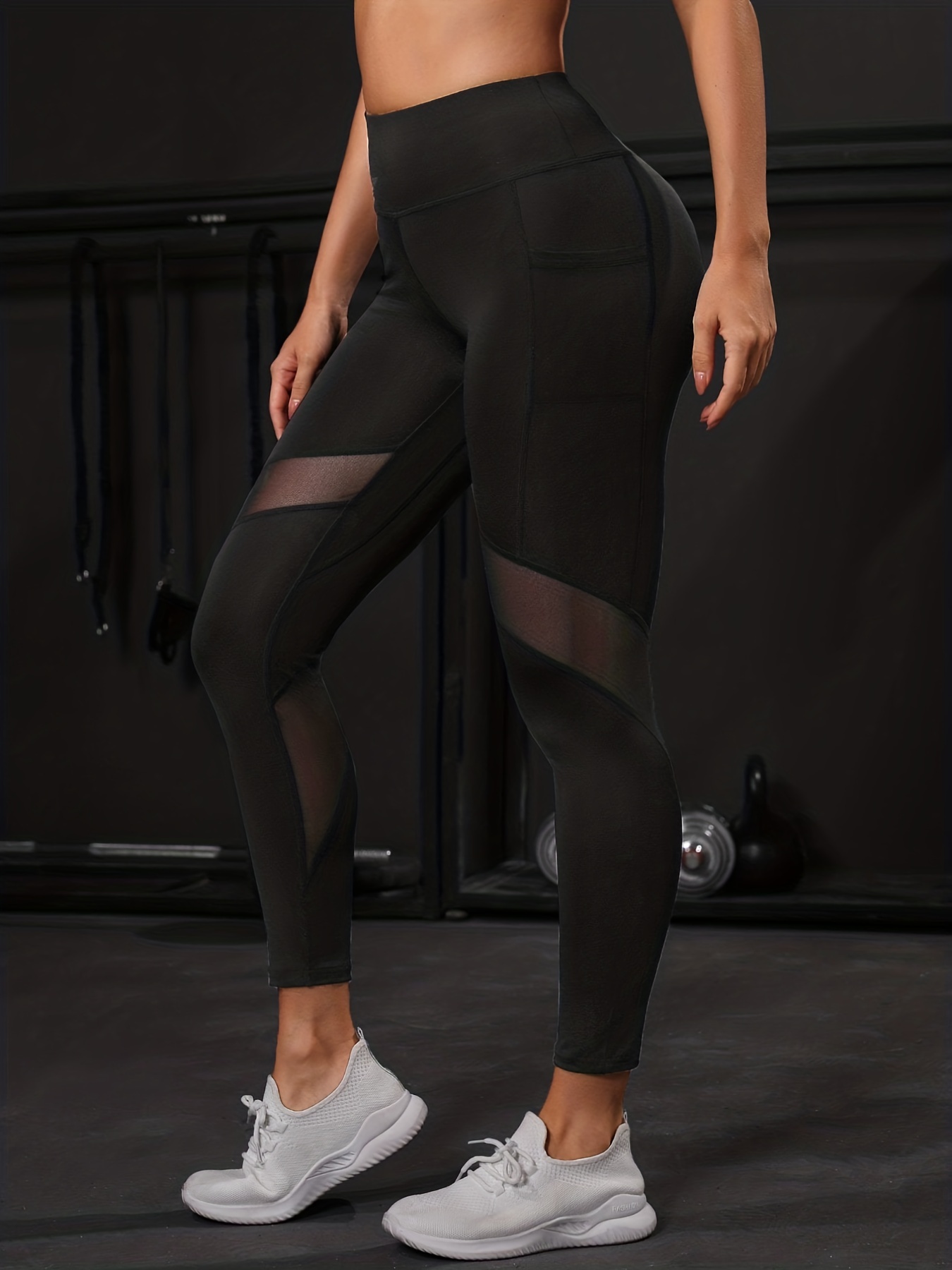 Women's Classic Black Spliced Mesh Sports Yoga Leggings - Sexy  Tight-Fitting & Stretchy for Maximum Comfort!