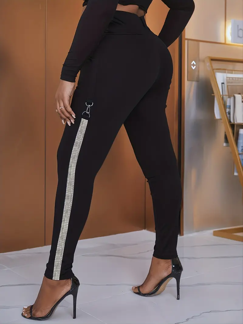 Plus Size Rhinestone Decor High Waist Skinny Pants Women's - Temu
