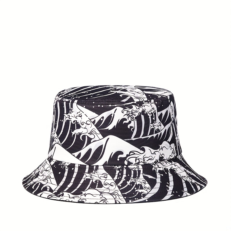 1pc Unisex Trendy Versatile Sunshade Bucket Hat With Wave Digital Printing,  Double-sided Sun Hat For Outdoor Vacation Travel