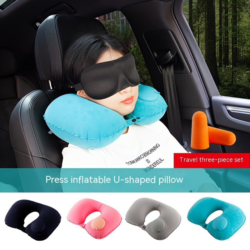  Inflatable Travel Pillow, Airplane Neck Pillow for Sleeping,  Supports Head and Chin for Airplanes,Trains,Cars and Office Napping with 3D  Eye Mask and Earplugs and Portable Drawstring Bag : Sports & Outdoors