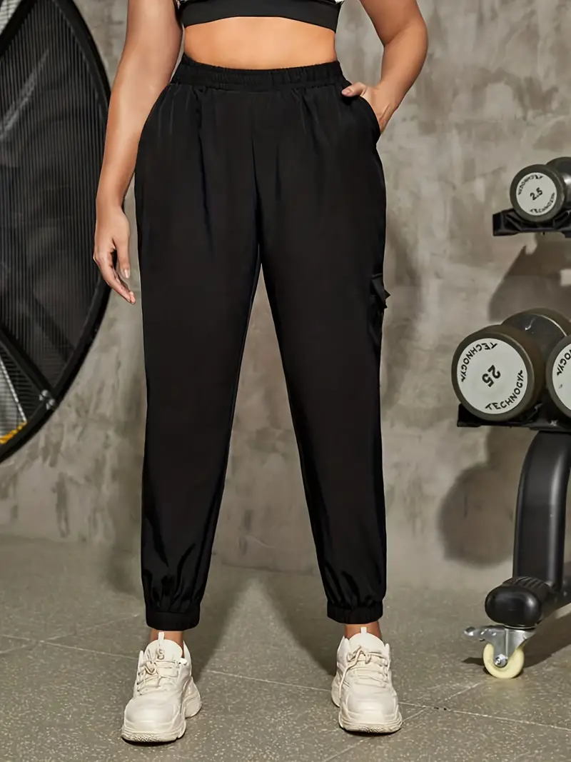 Plus Size Sports Cargo Pants, Women's Plus Solid Elastic High * Slight  Stretch Trousers With Pockets