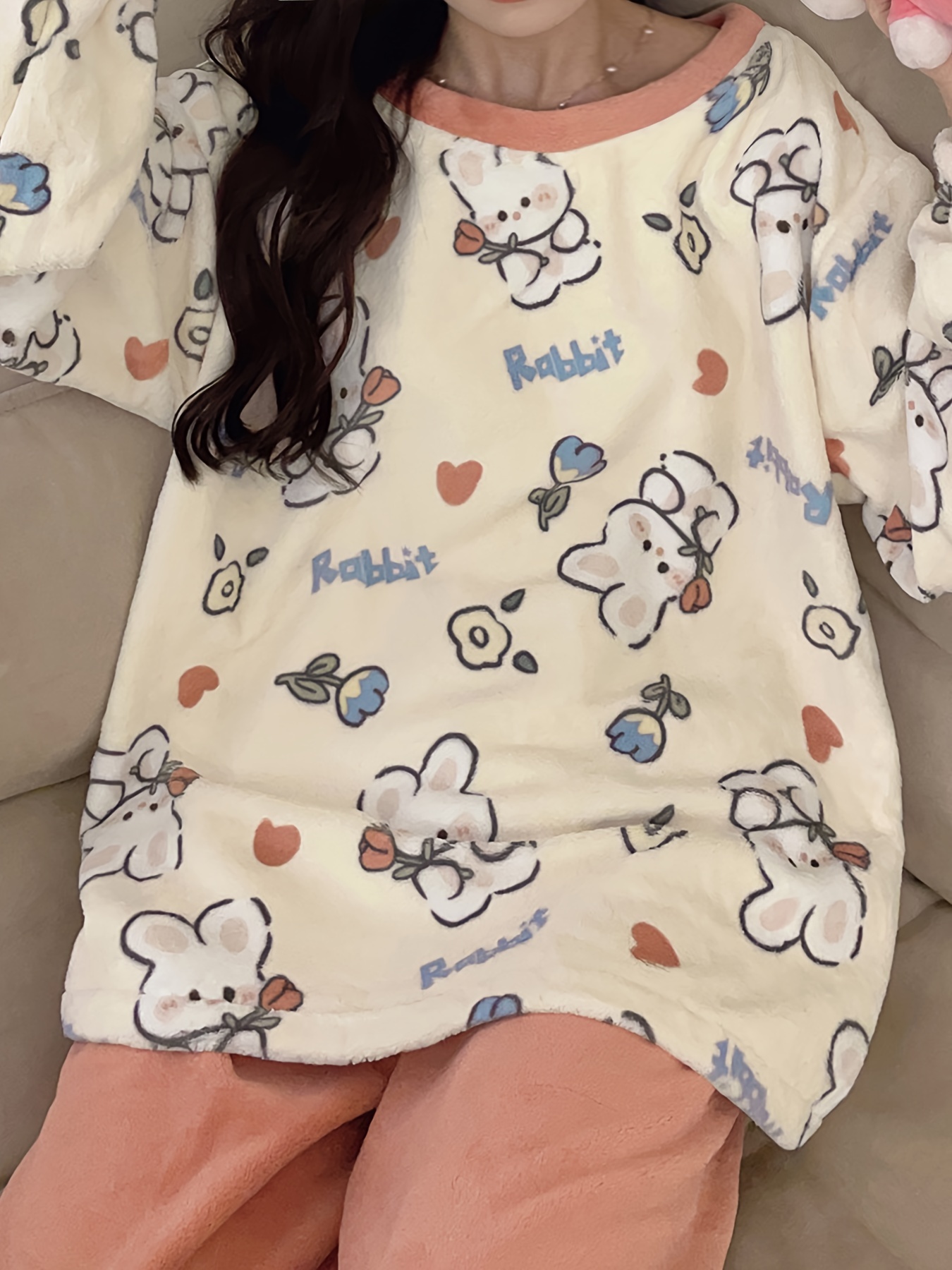 Rabbit Embroidered Plush Pajama Set  Pajamas women, Homewear fashion,  Pajama set