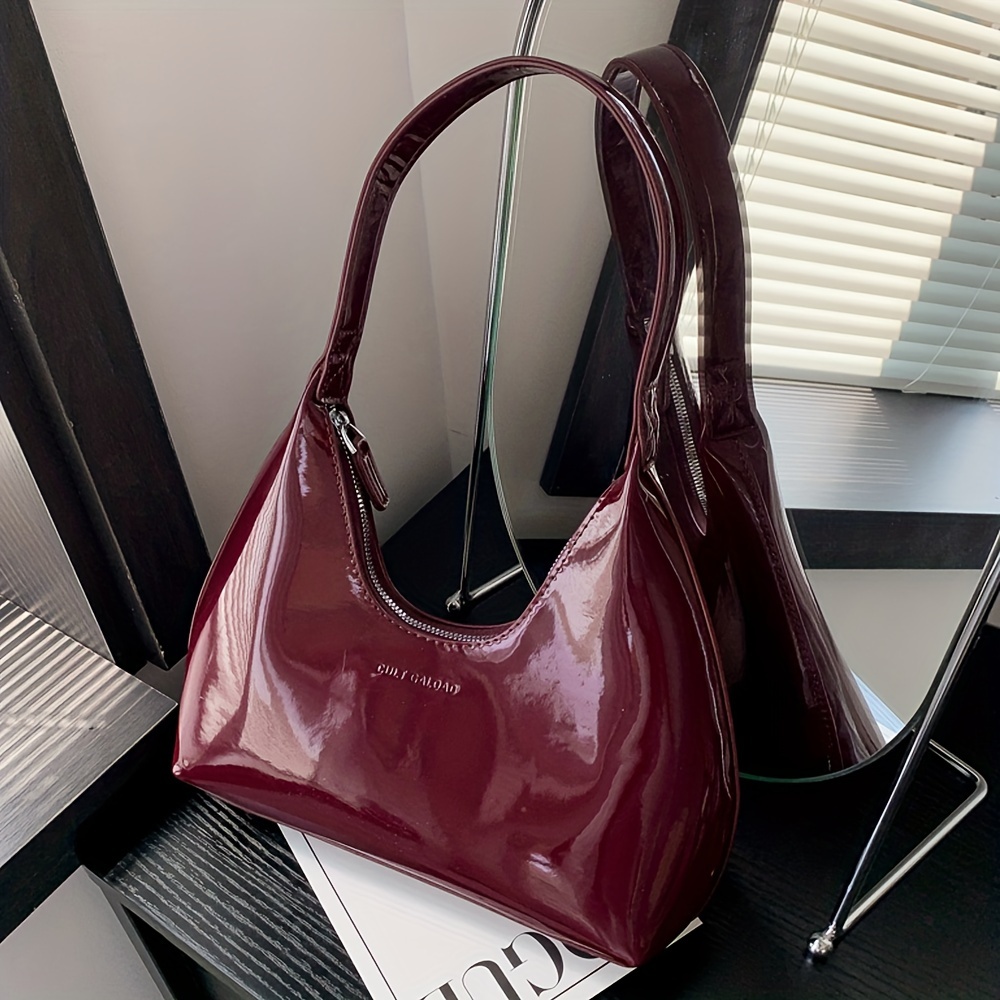 

Solid Color Glossy Shoulder Bag, Trendy Pu Leather Hobo Bag, Women's Fashion Handbag & Tote Purse