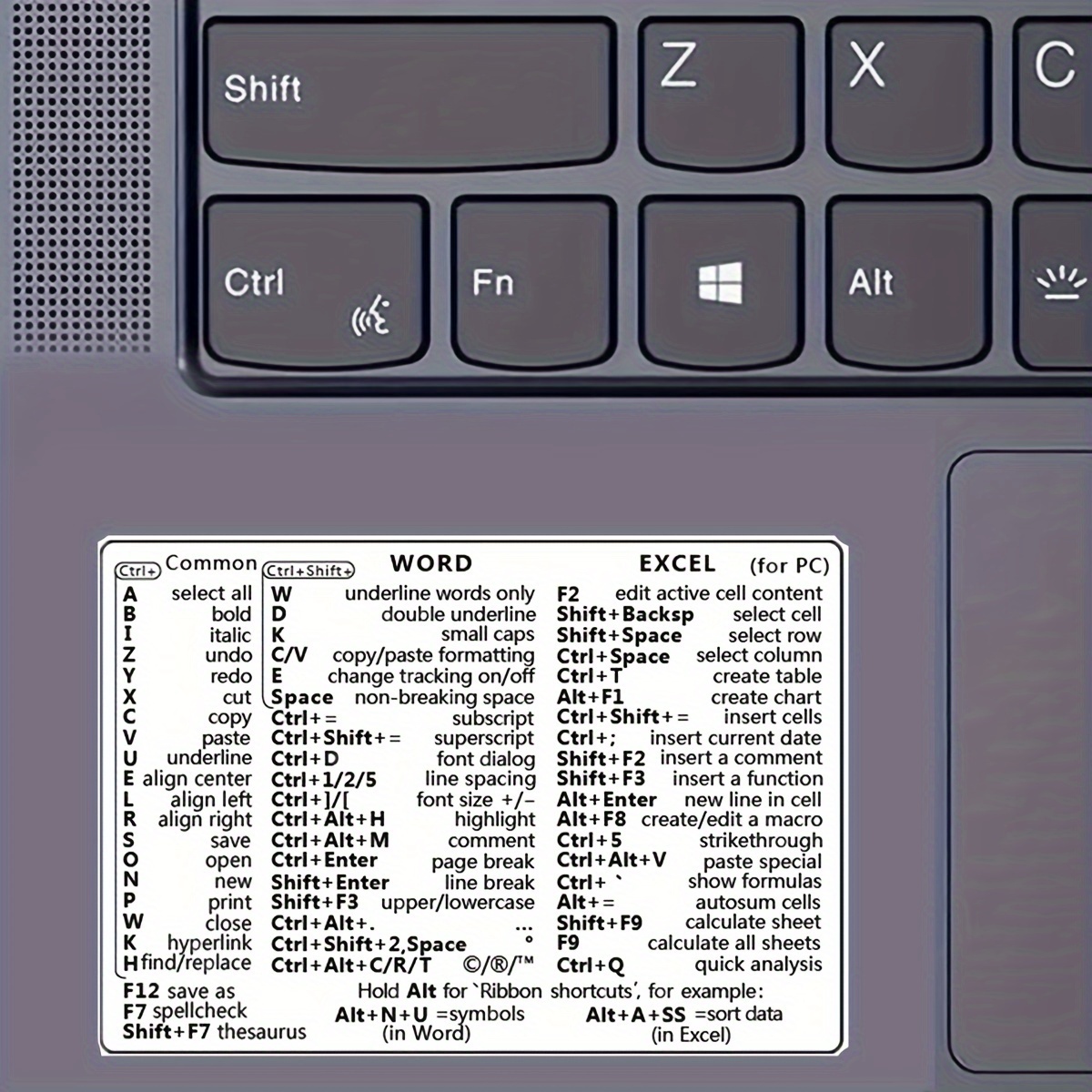 Autocollant avec les raccourcis clavier pour ordinateur portable