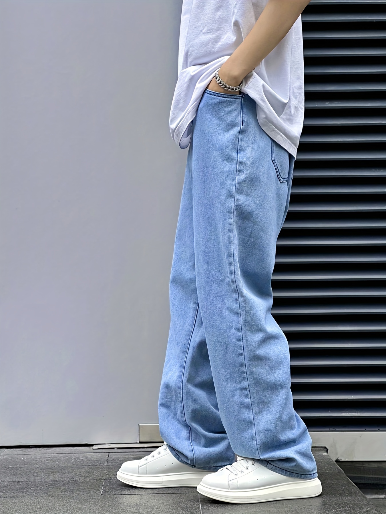 Hombre Alta Calle Jeans Sueltos Moda Retro Color Sólido Personalidad Onda  Línea Temperamento Jeans Casa con