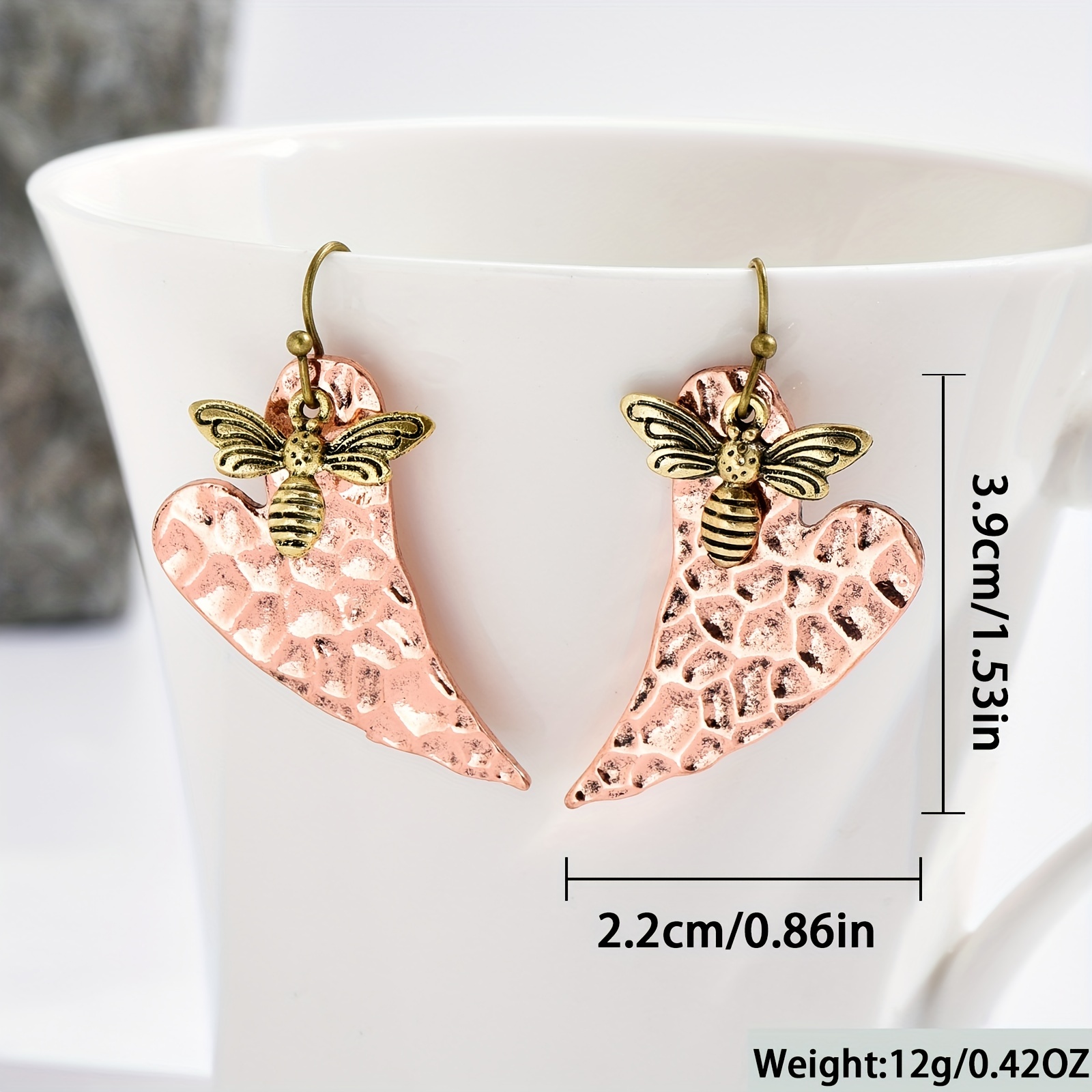 Boho Vintage Heart Leaf & Bee Earrings Golden Tone Copper Jewelry Dangle