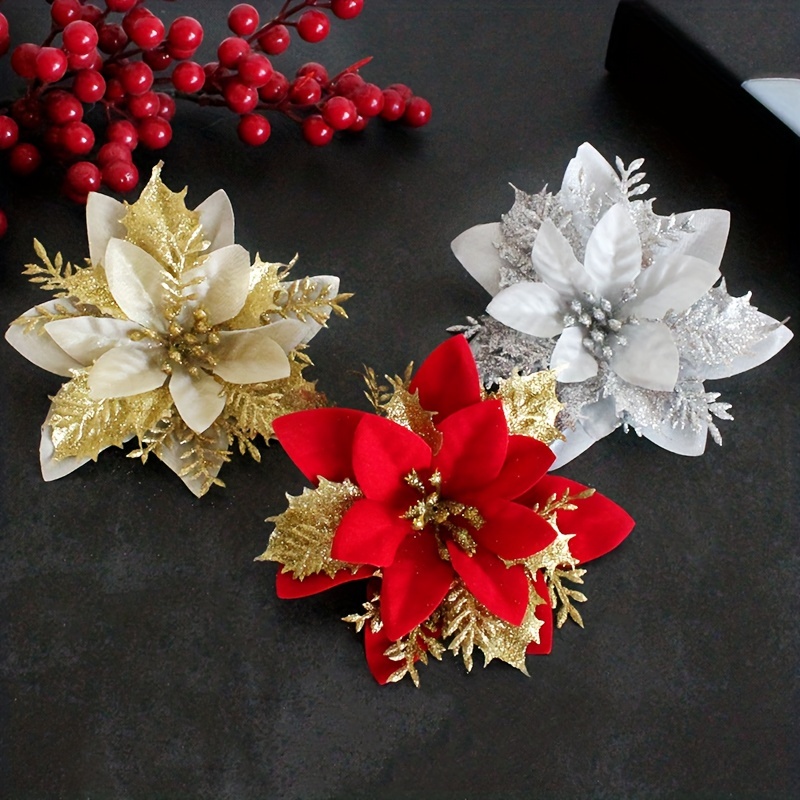 Artificial Red Poinsettia Flower Picks for Christmas Tree Wreaths