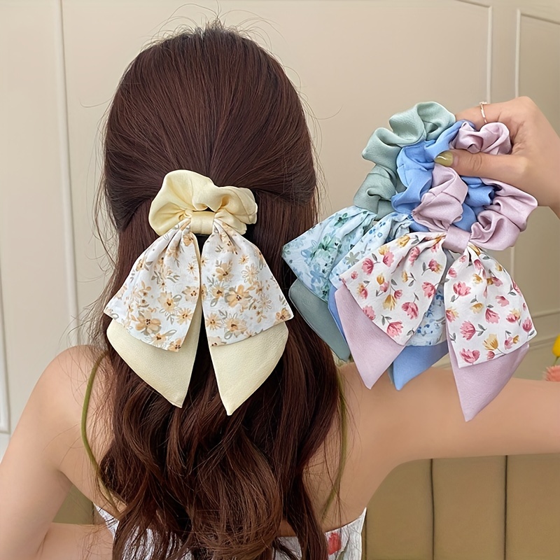 Pack of 2 Knotted Bow Hair Scrunchies Elastic Hair Scarf Hair Ties Bands  Silky Satin Hair Ribbon Scrunchy Ponytail Holder for Women and Girls (White)  