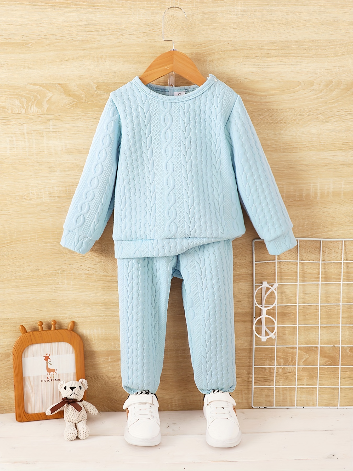 Boy's Solid Color Outfit Thermal Fleece Sweatshirt - Temu