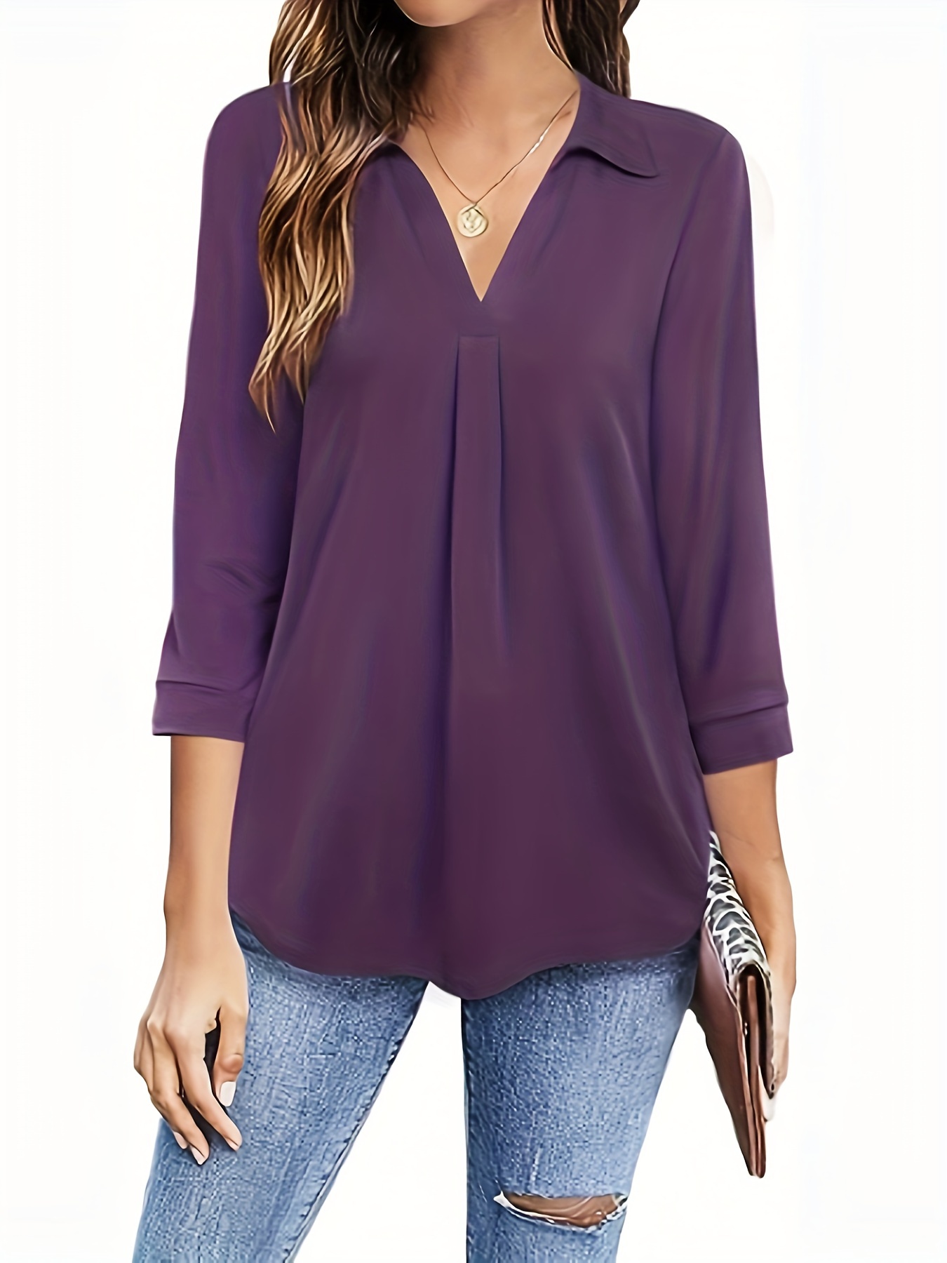 Plus Size Solid Color Blouse Casual V Neck 3 4 Sleeve Blouse for Spring Fall Women s Plus Size Clothing