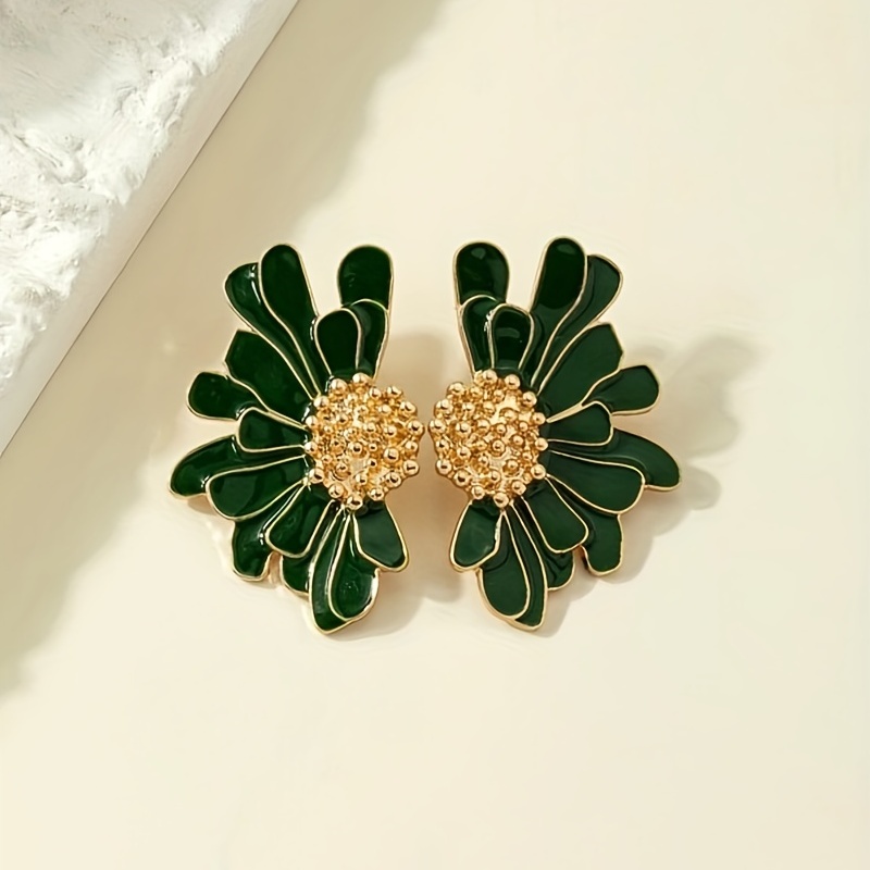 Green Flower Enamel Stud Earrings, 18K Plated