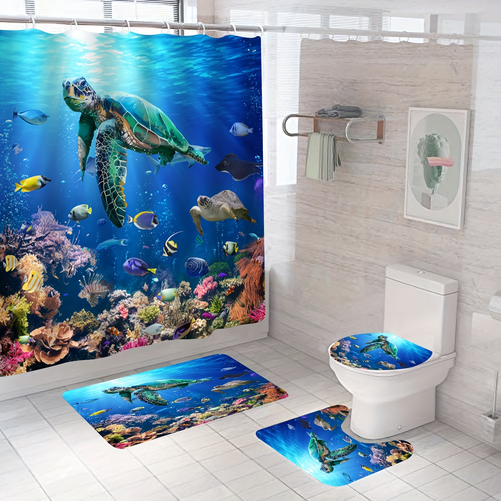Tayney Tropical Fish Shower Curtain Sets with Toilet Lid Cover and Non-Slip  Rugs, Ocean Turtle Underwater World 4 Pcs Shower Curtain Set with 12