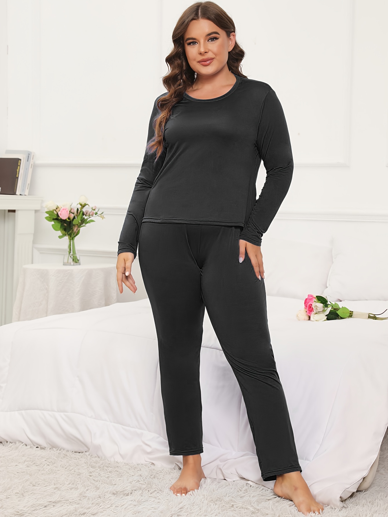 Loungewear Set: Solid Long Sleeve Tee & Leggings 2 Piece Set