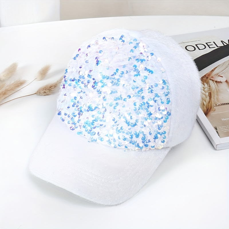 Shiny Sequins Plush Baseball Cap Trendy Solid Color Warm Dad Hats  Adjustable Dad Hat For Women Girls Autumn & Winter